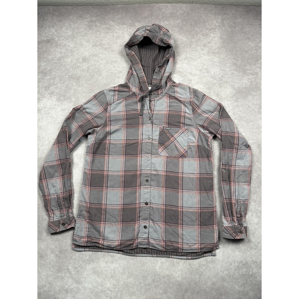 Columbia Shirt Womens Medium Gray Plaid Hooded Button Down‎ Long Sleeve Cotton